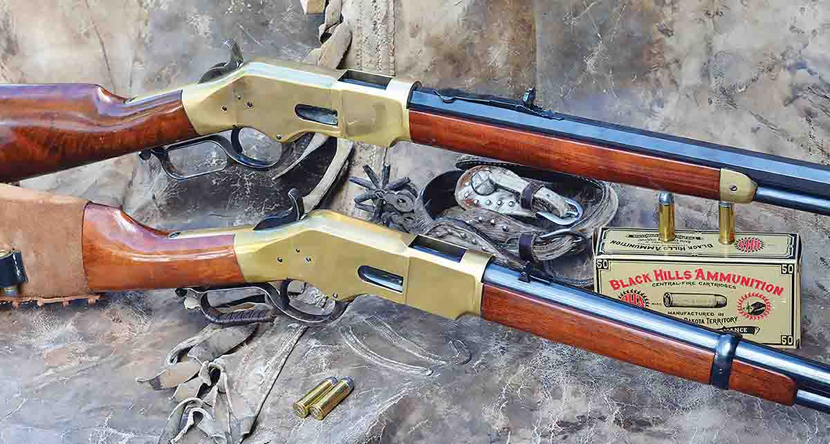Brian evaluated the performance of two Uberti Model 1866 Yellowboy rifles including a Rifle (top) chambered in .44 Special and a Carbine (bottom) chambered in .45 Colt.